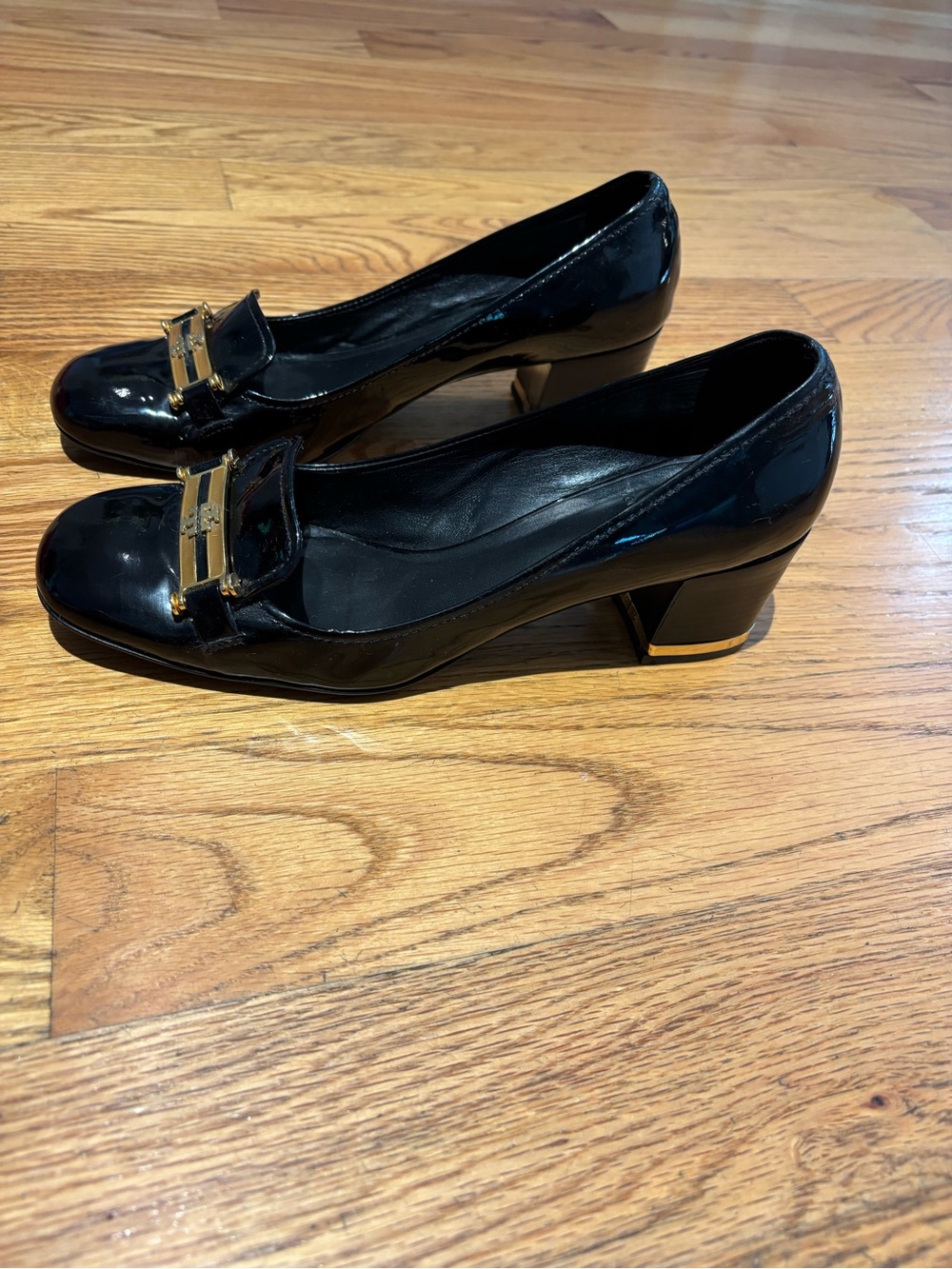 Tory Burch Black Patent Leather Low Block Heel Pumps with Gold buckle